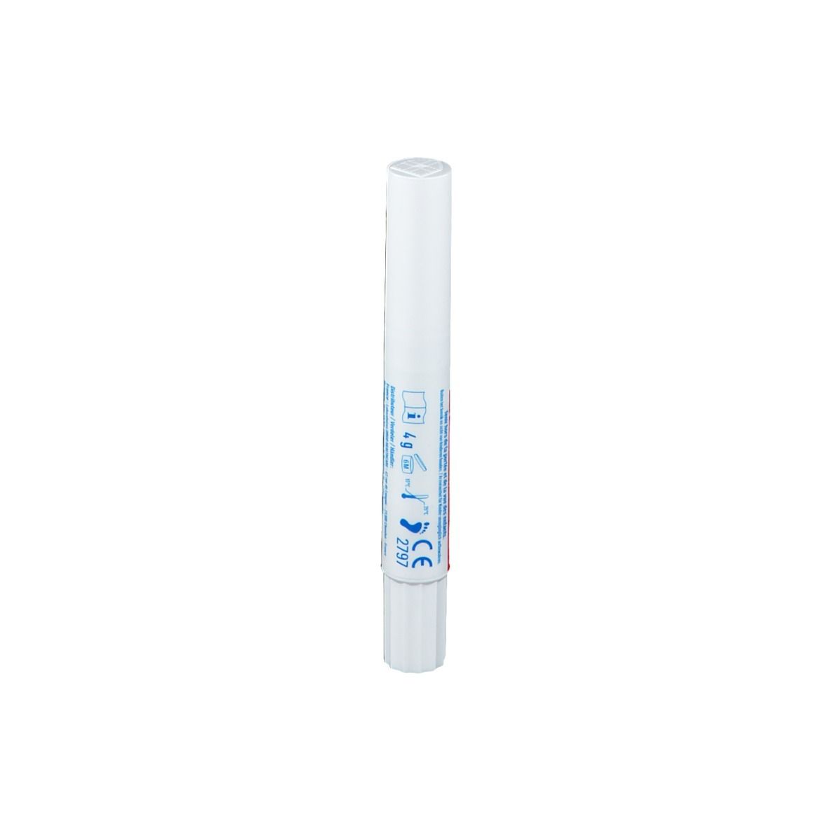 Stylo blanc avec étiquette bleue. Texte en français. Marquage CE.