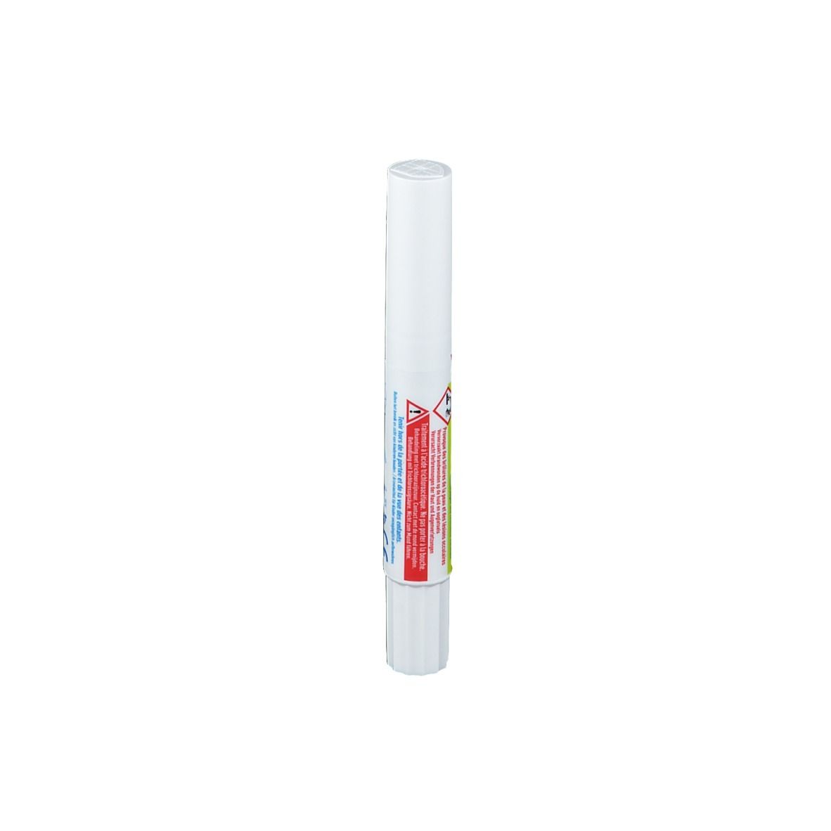 Stylo blanc avec étiquette rouge et bleue. Symbole de danger. Texte en français.