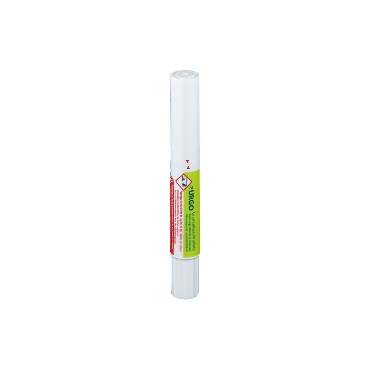 Stylo blanc avec étiquette verte et rouge. Inscription URGO. Symbole de danger.