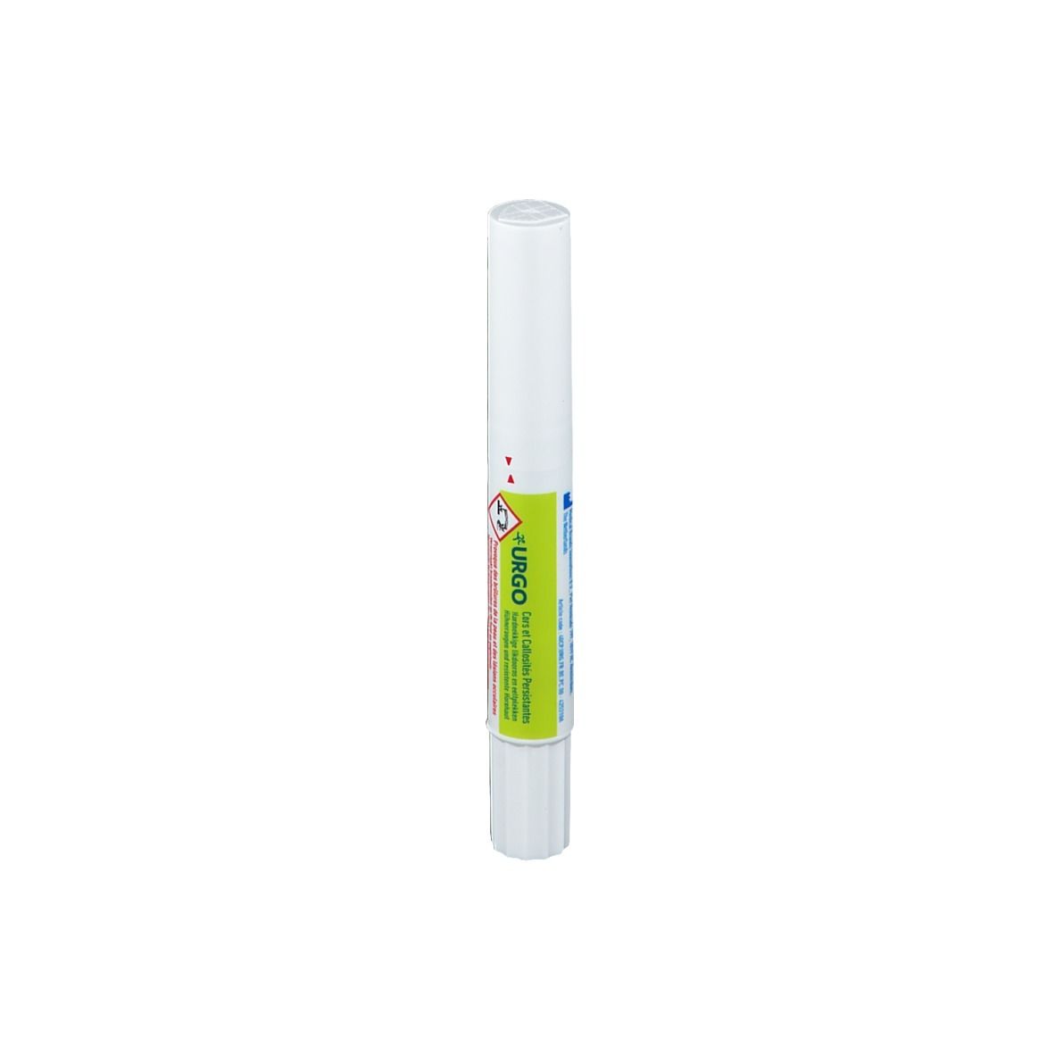 Stylo blanc avec étiquette verte et rouge. Inscription URGO. Symbole de danger.