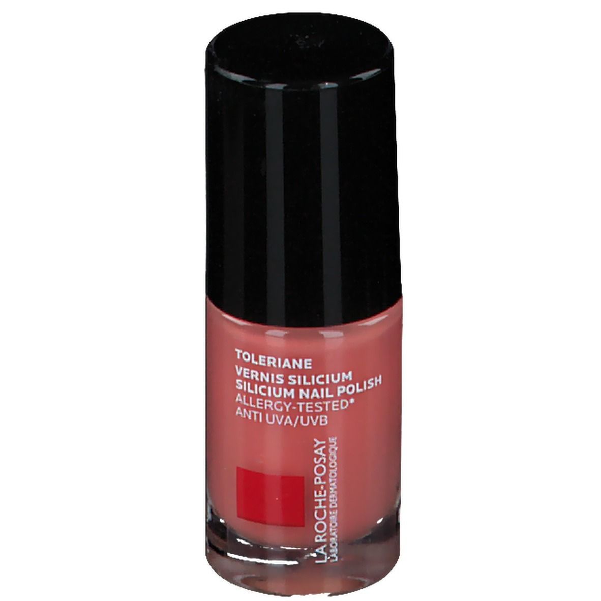 Flacon de vernis à ongles avec bouchon noir. Inscription : Toleriane, Silicium Nail Polish, Allergy-Tested, Anti UVA/UVB. Logo rouge.
