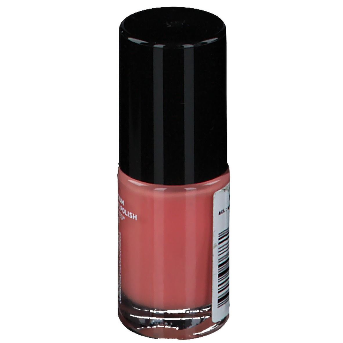 Flacon de vernis à ongles avec bouchon noir. Étiquette avec code-barres et texte. Teinte : Sorbet Peach. Inscription : PECHE. Renforce et protège.