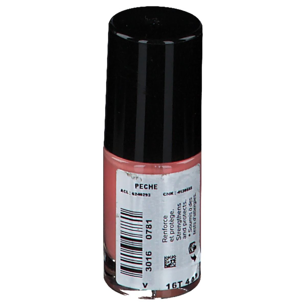 Flacon de vernis à ongles avec bouchon noir. Étiquette avec code-barres et texte. Teinte : Sorbet Peach. Inscription : PECHE. Renforce et protège.