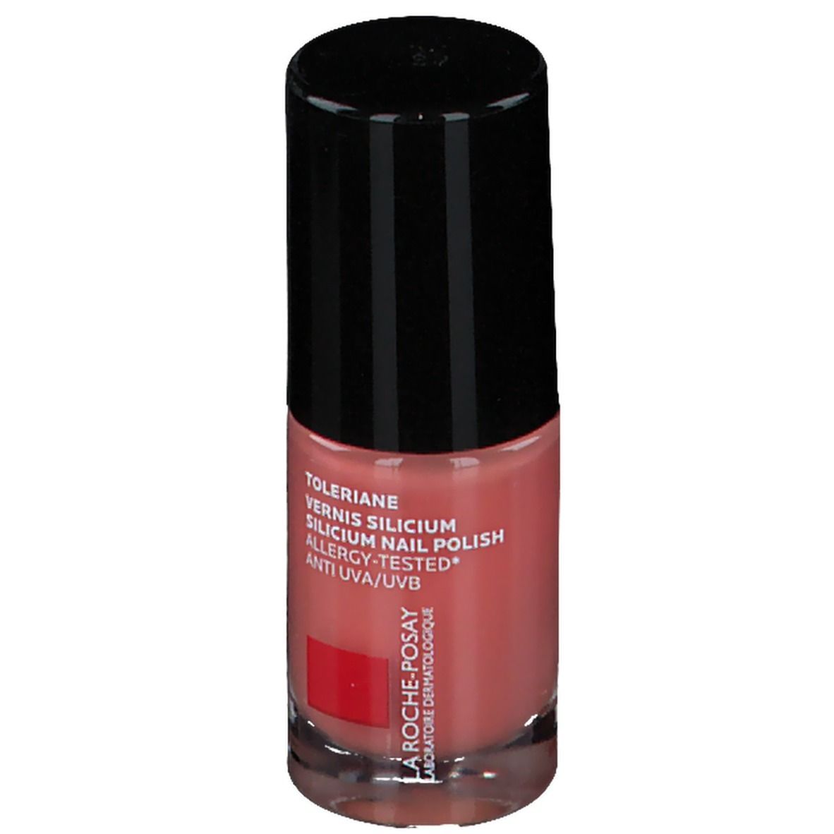 Flacon de vernis à ongles avec bouchon noir. Inscription : Toleriane, Silicium Nail Polish, Allergy-Tested, Anti UVA/UVB. Logo rouge.