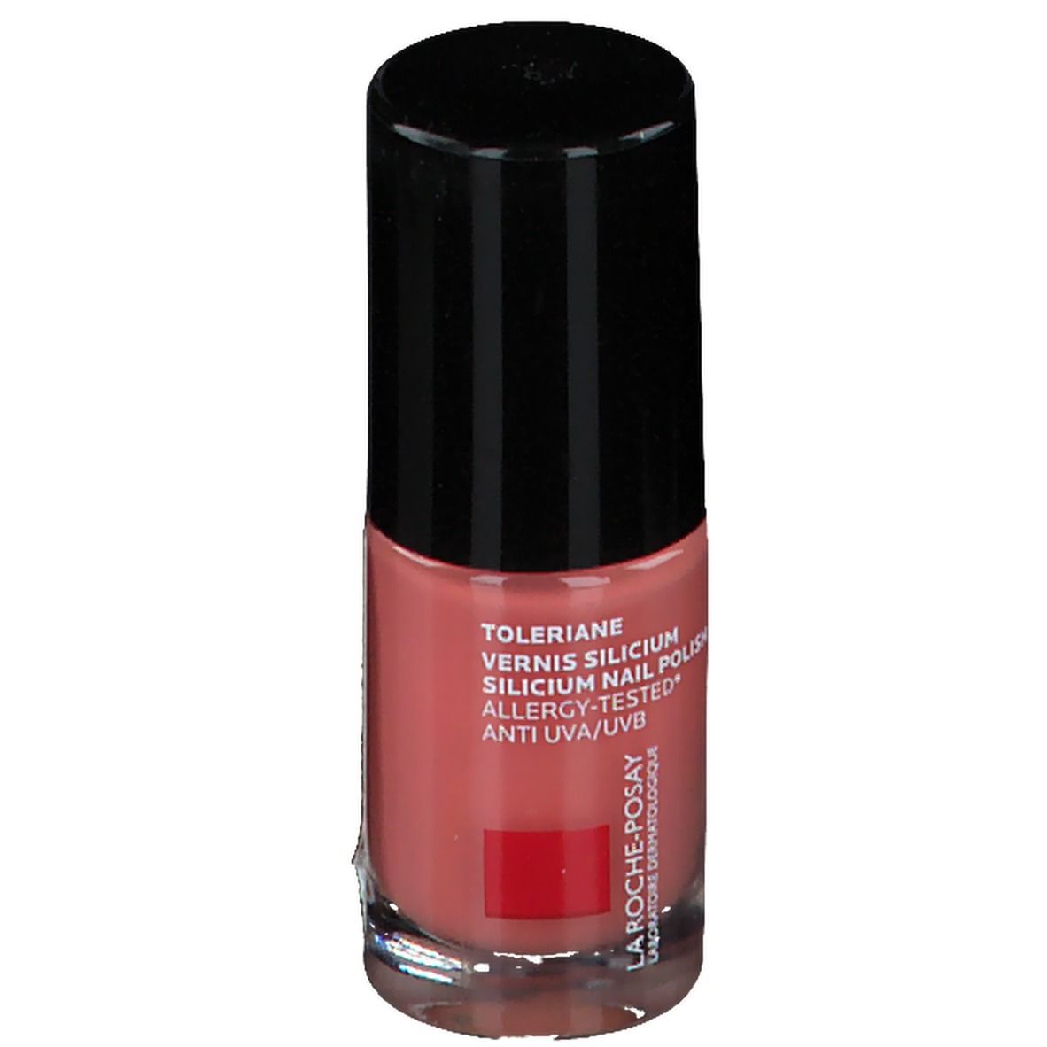 Flacon de vernis à ongles avec bouchon noir. Inscription : Toleriane, Silicium Nail Polish, Allergy-Tested, Anti UVA/UVB. Logo rouge.