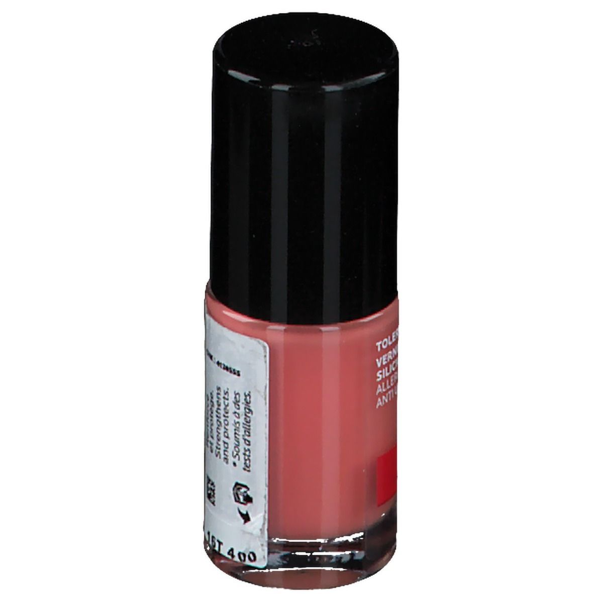 Flacon de vernis à ongles avec bouchon noir. Étiquette avec texte et logo rouge. Inscription : Toleriane, Silicium Nail Polish, Anti UVA/UVB.