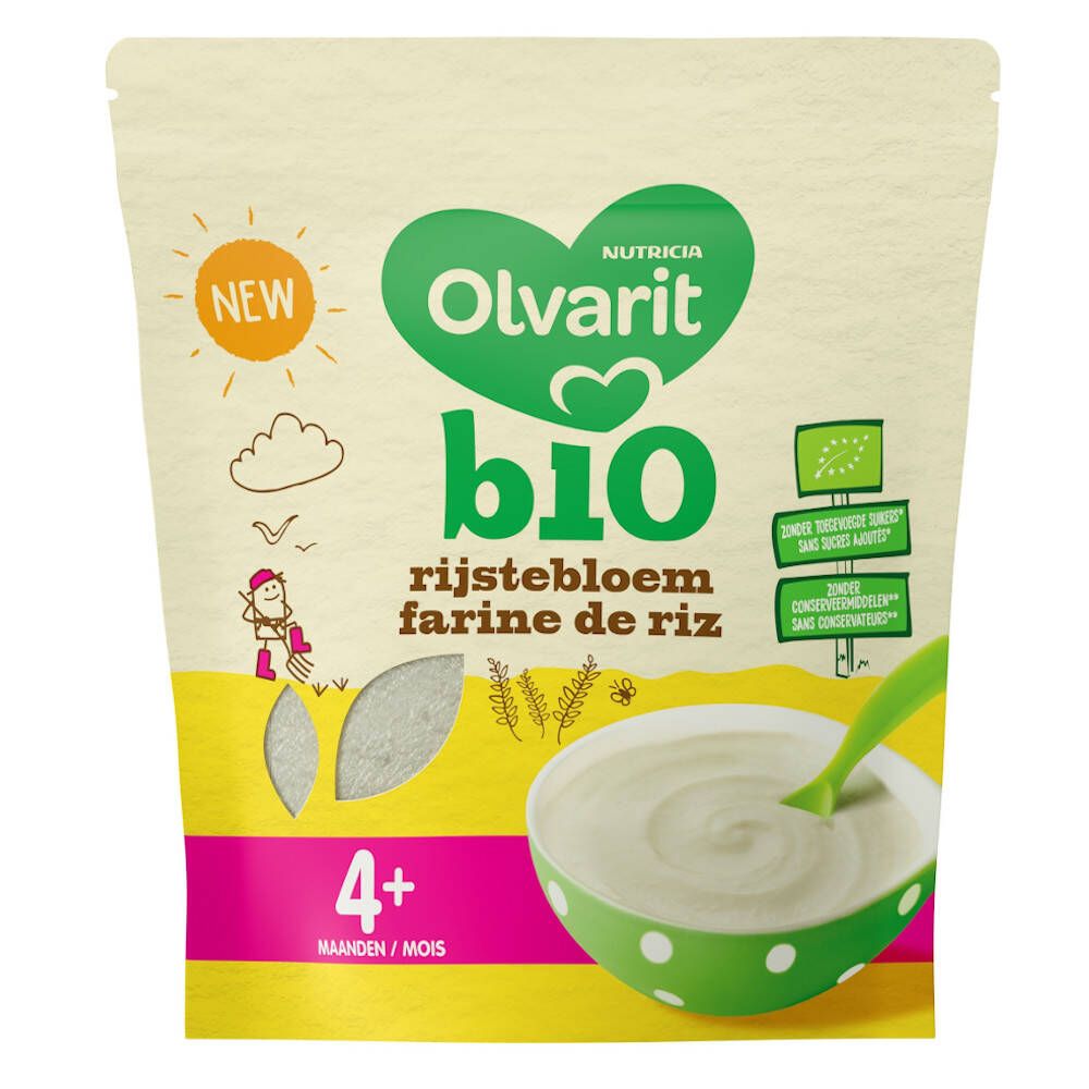 Emballage de farine de riz Olvarit Bio. Inscriptions : "NEW", "bio", "rijstebloem farine de riz", "4+ mois". Label bio.