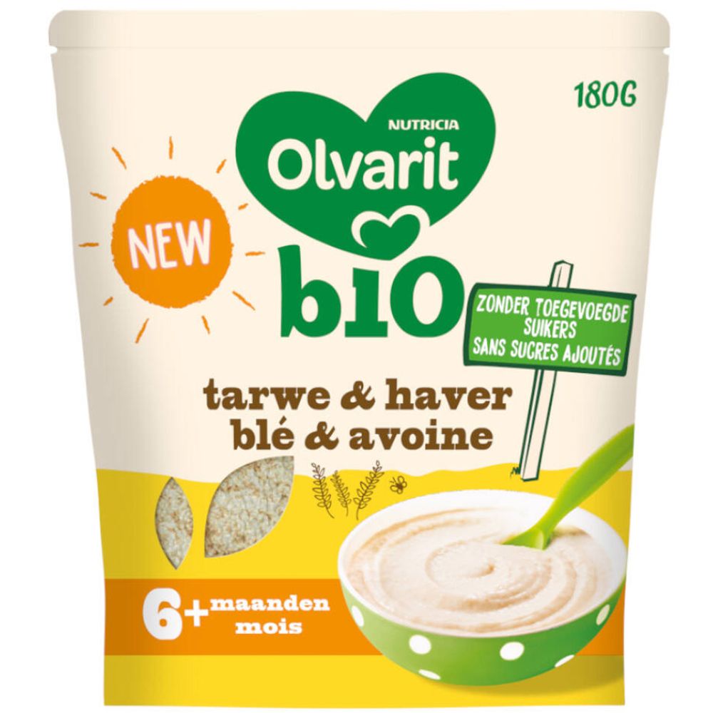 Verpakking Olvarit Bio Weizen & Hafer 6+. Groen-wit ontwerp. Tekst: Tarwe & Haver, Blé & Avoine. Met lepel in kom.