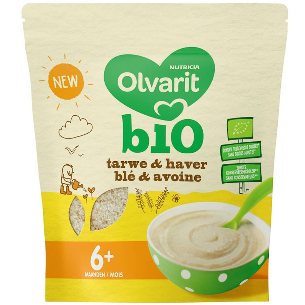 Verpakking Olvarit Bio Weizen & Hafer 6+. Groen-wit ontwerp. Tekst: Tarwe & Haver, Blé & Avoine. Met illustraties.