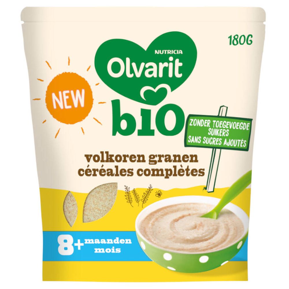 Paquet de Olvarit Bio Vollkornbrei +8 Monate. Bol vert et blanc avec bouillie et cuillère. Inscription : Olvarit bio, 180g, sans sucres ajoutés.