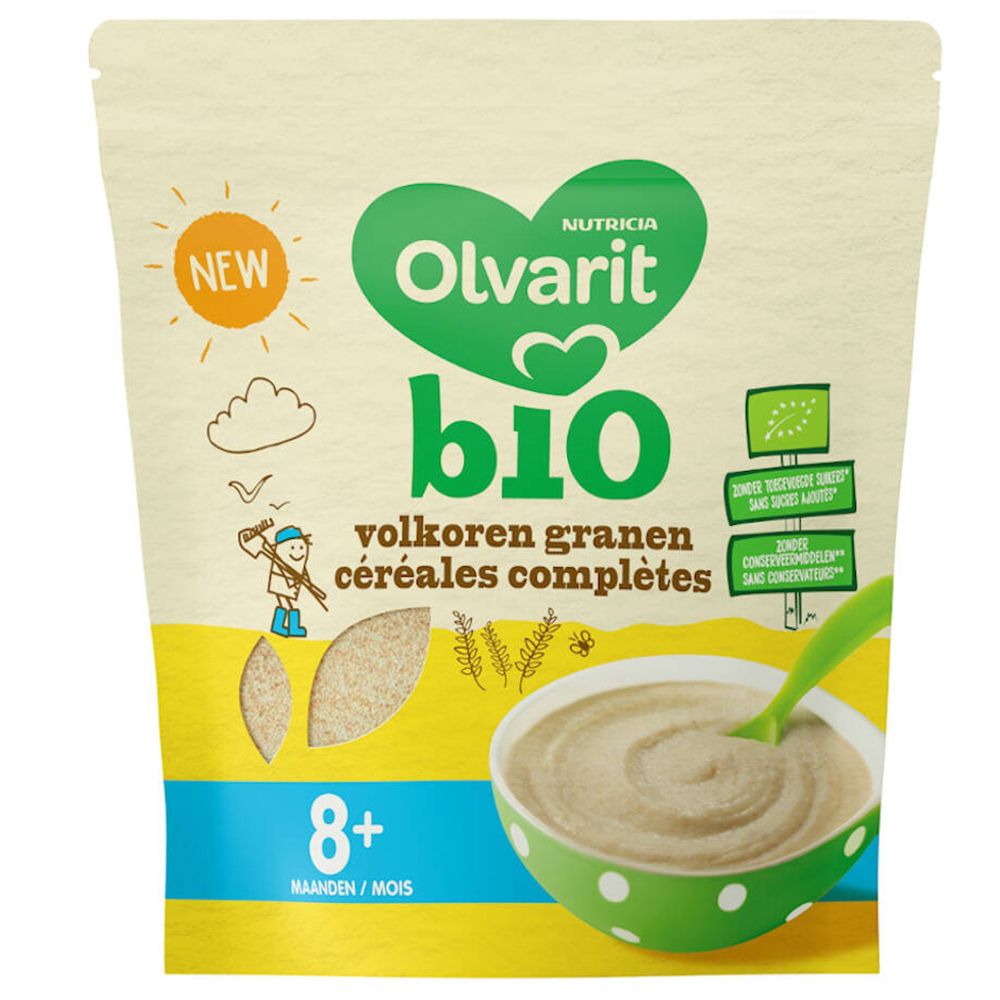 Paquet de Olvarit Bio Vollkornbrei +8 Monate. Bol vert et blanc avec bouillie et cuillère. Inscription : Olvarit bio, label bio, sans sucres ajoutés.
