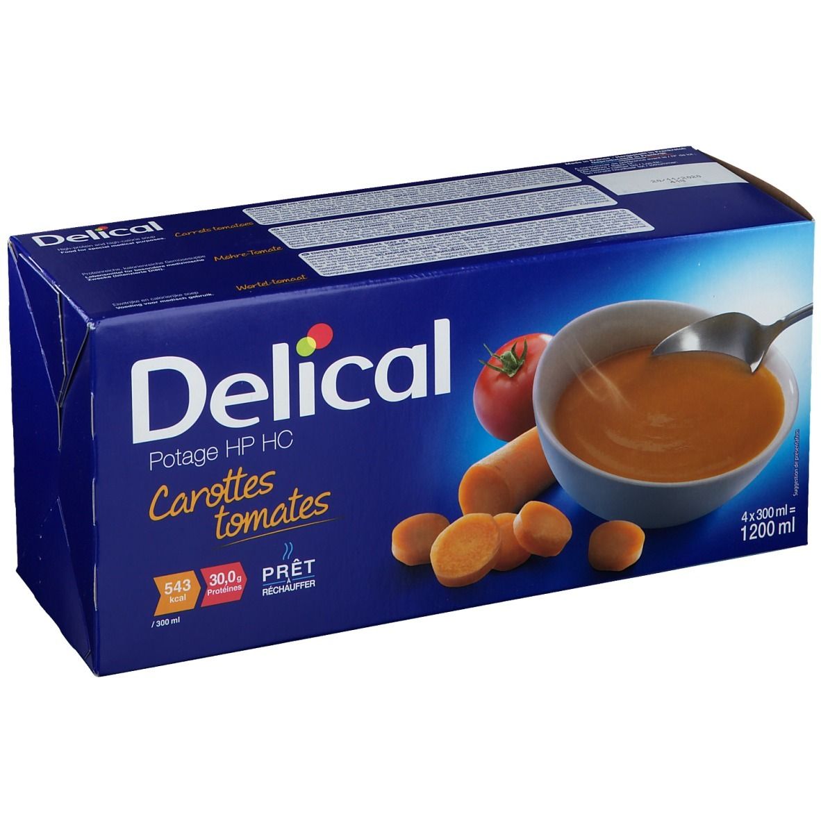 Blauwe verpakking Delical Potage HP HC Carottes tomates. Afbeelding van soep, wortelen en tomaat. 4x300ml.