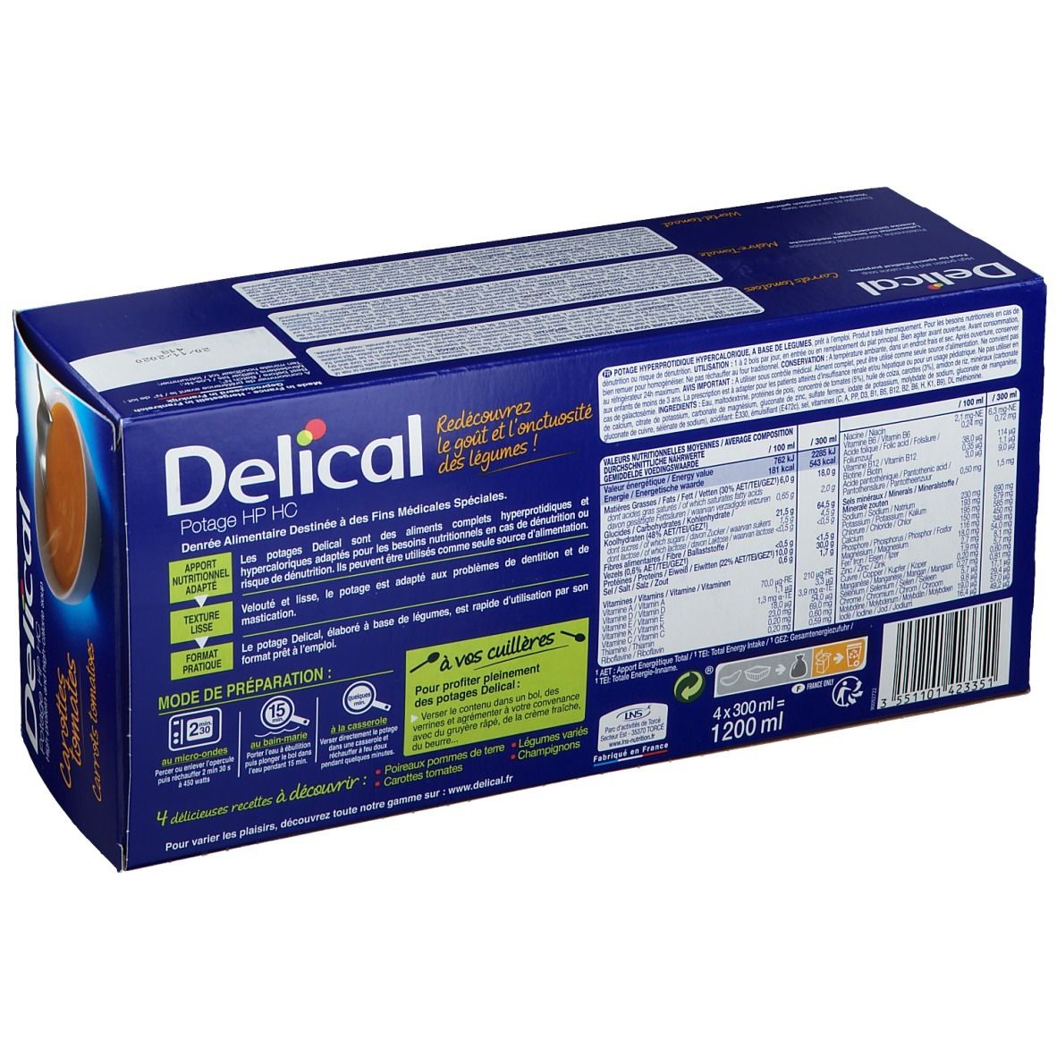 Achterkant van de blauwe verpakking met tekst en voedingswaarde-informatie. Delical-logo rechtsboven. 4x300ml.