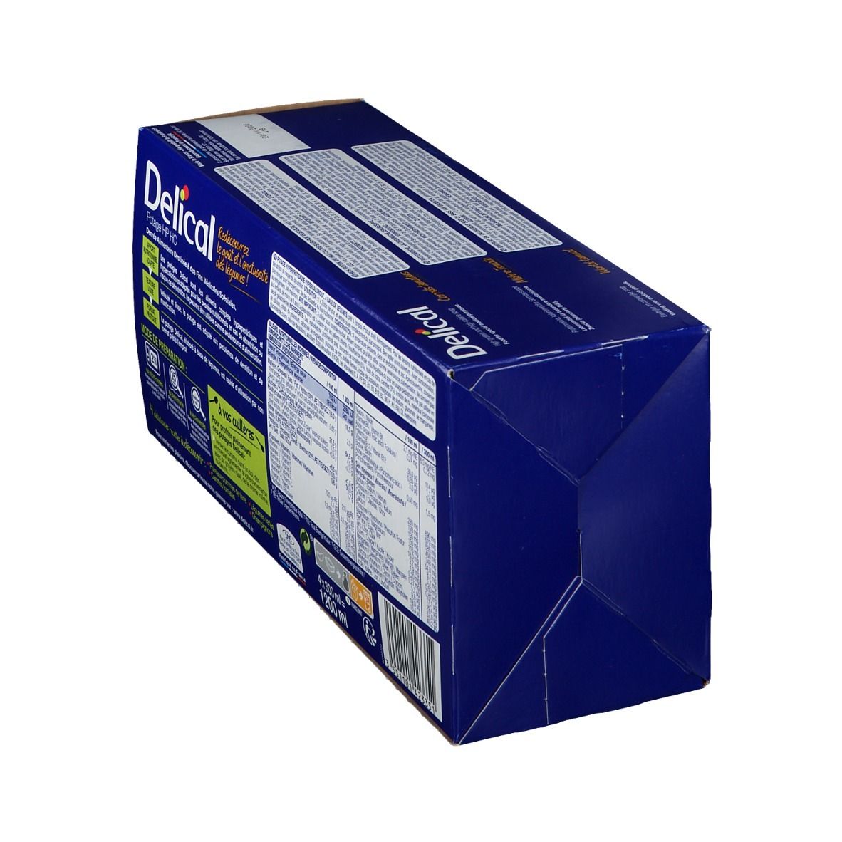 Blauwe verpakking, schuin van onderaf gezien. Delical-logo en tekst op de voorkant. 4x300ml.