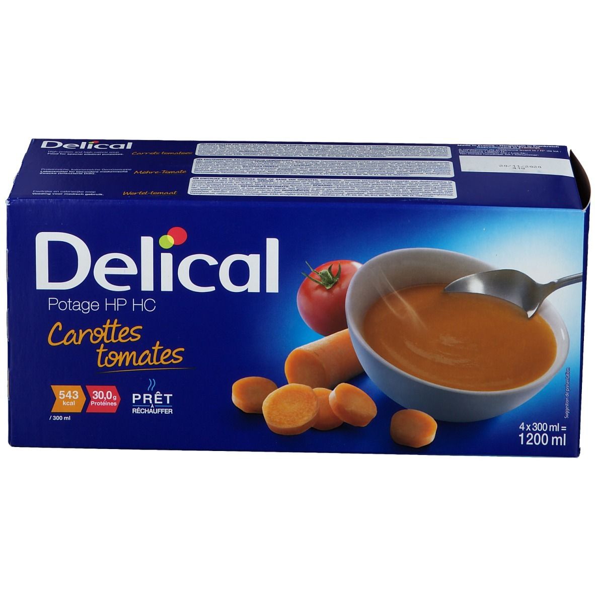 Blauwe verpakking Delical Potage HP HC Carottes tomates. Afbeelding van soep, wortelen en tomaat. 4x300ml.