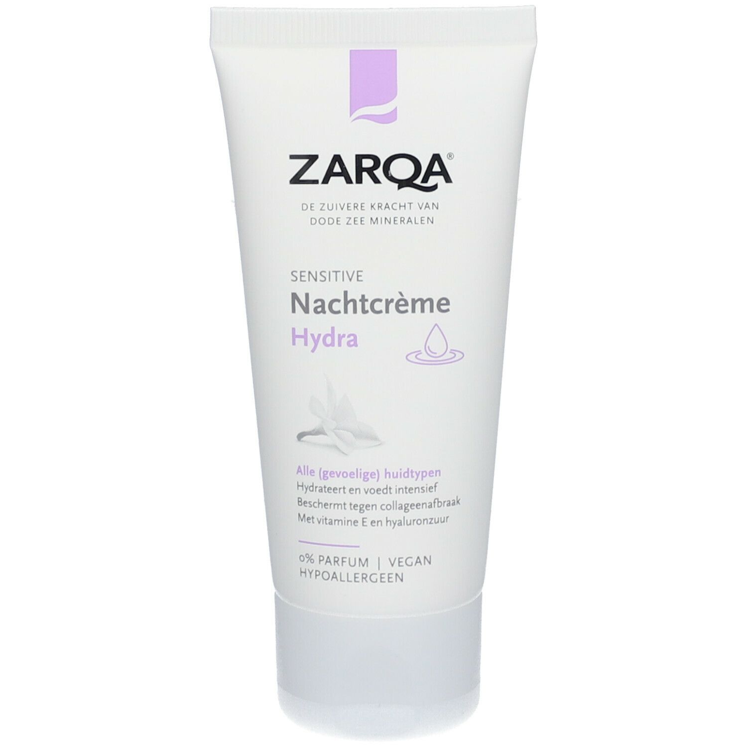 Tube ZARQA Sensitive Nachtcrème Hydra. Blanc, accents violets. Texte: Sensitive Nachtcrème Hydra, 0% Parfum, Vegan, Hypoallergénique.