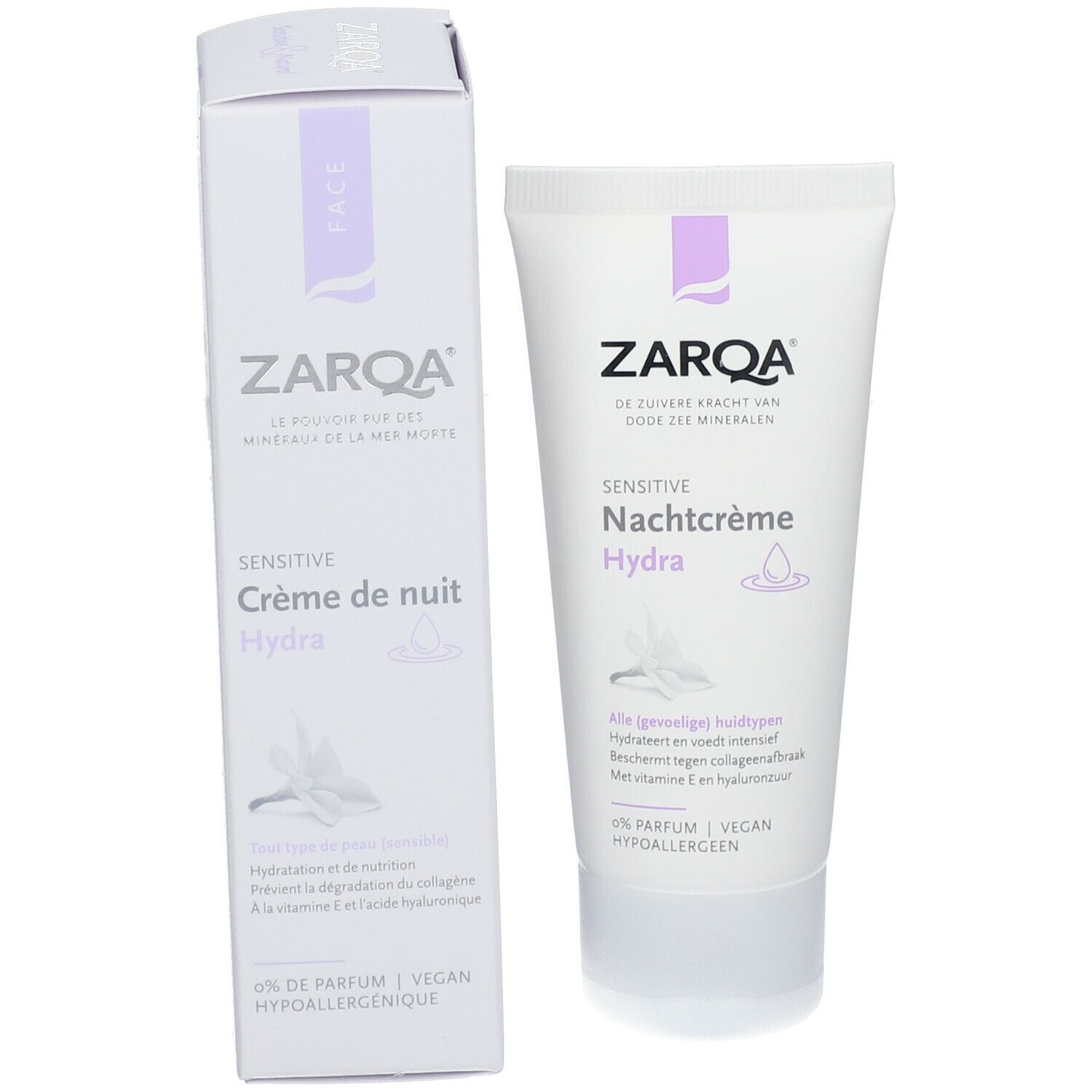 Tube et boîte ZARQA Sensitive Crème de nuit Hydra. Blanc, accents violets. Texte: Sensitive Crème de nuit Hydra, 0% Parfum, Vegan.