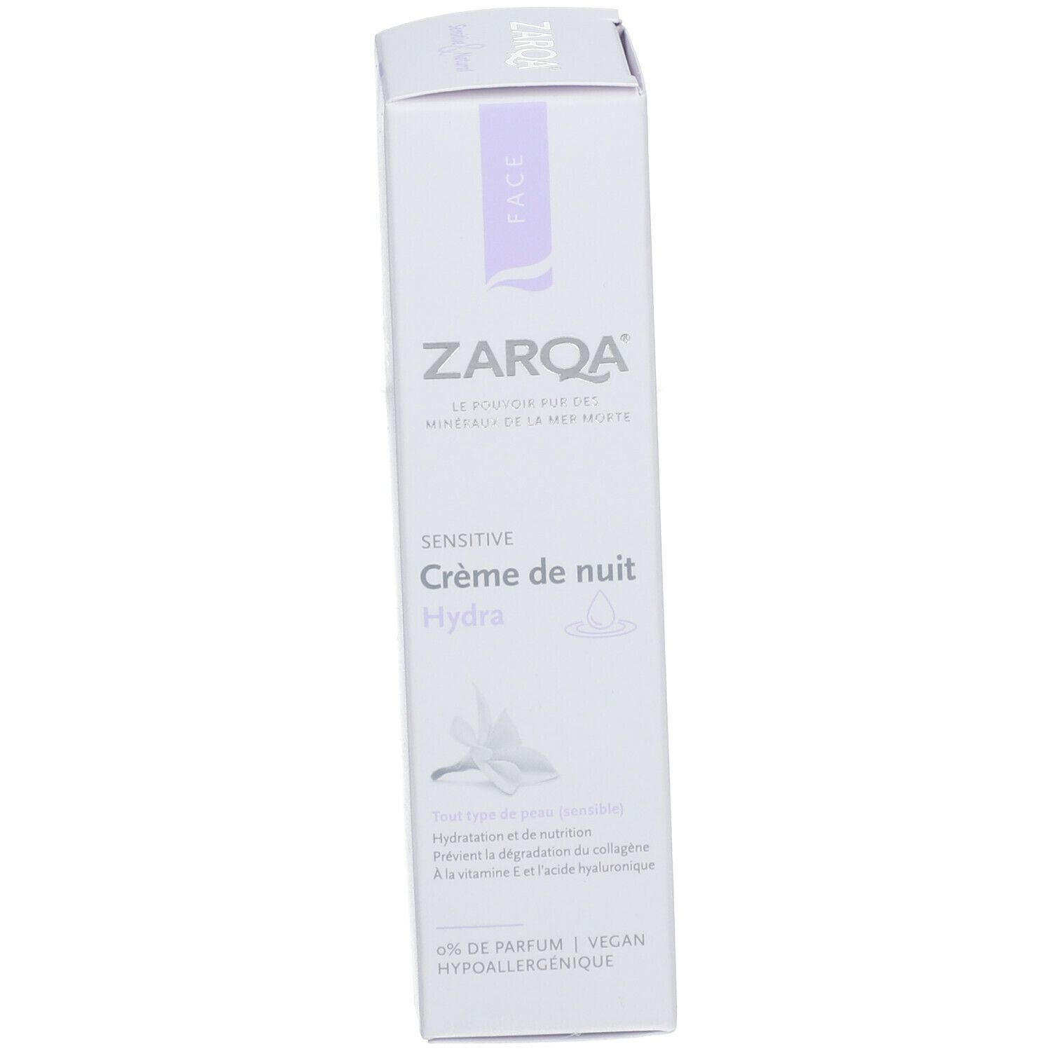 Boîte ZARQA Sensitive Crème de nuit Hydra. Blanc, accents violets. Texte: Sensitive Crème de nuit Hydra, 0% Parfum, Vegan.