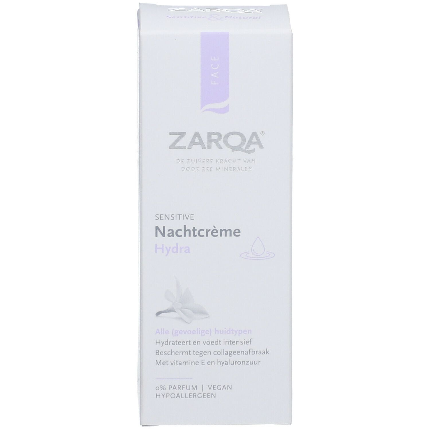 Boîte ZARQA Sensitive Nachtcrème Hydra. Blanc, accents violets. Texte: Sensitive Nachtcrème Hydra, 0% Parfum, Vegan, Hypoallergénique.