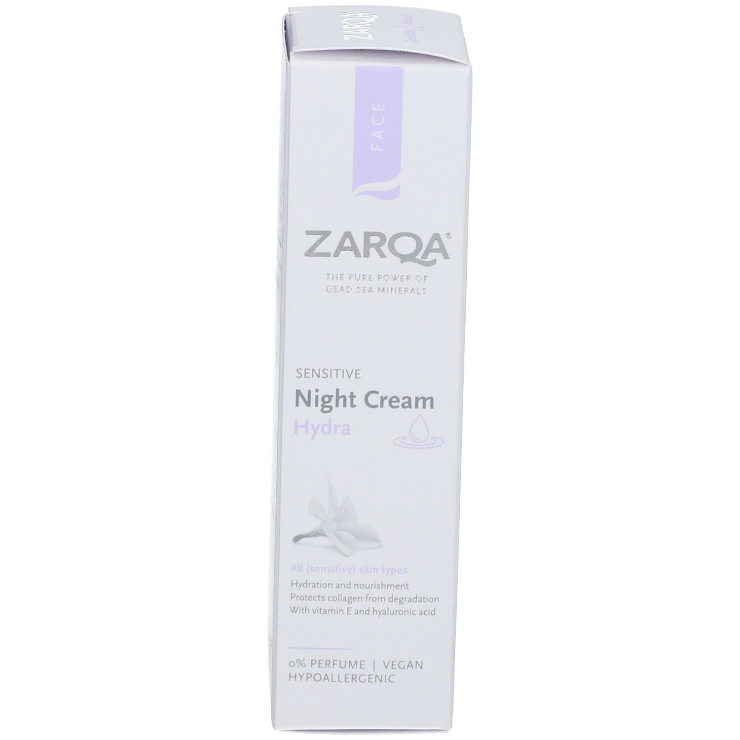 Boîte ZARQA Sensitive Night Cream Hydra. Blanc, accents violets. Texte: Sensitive Night Cream Hydra, 0% Parfum, Hypoallergénique.