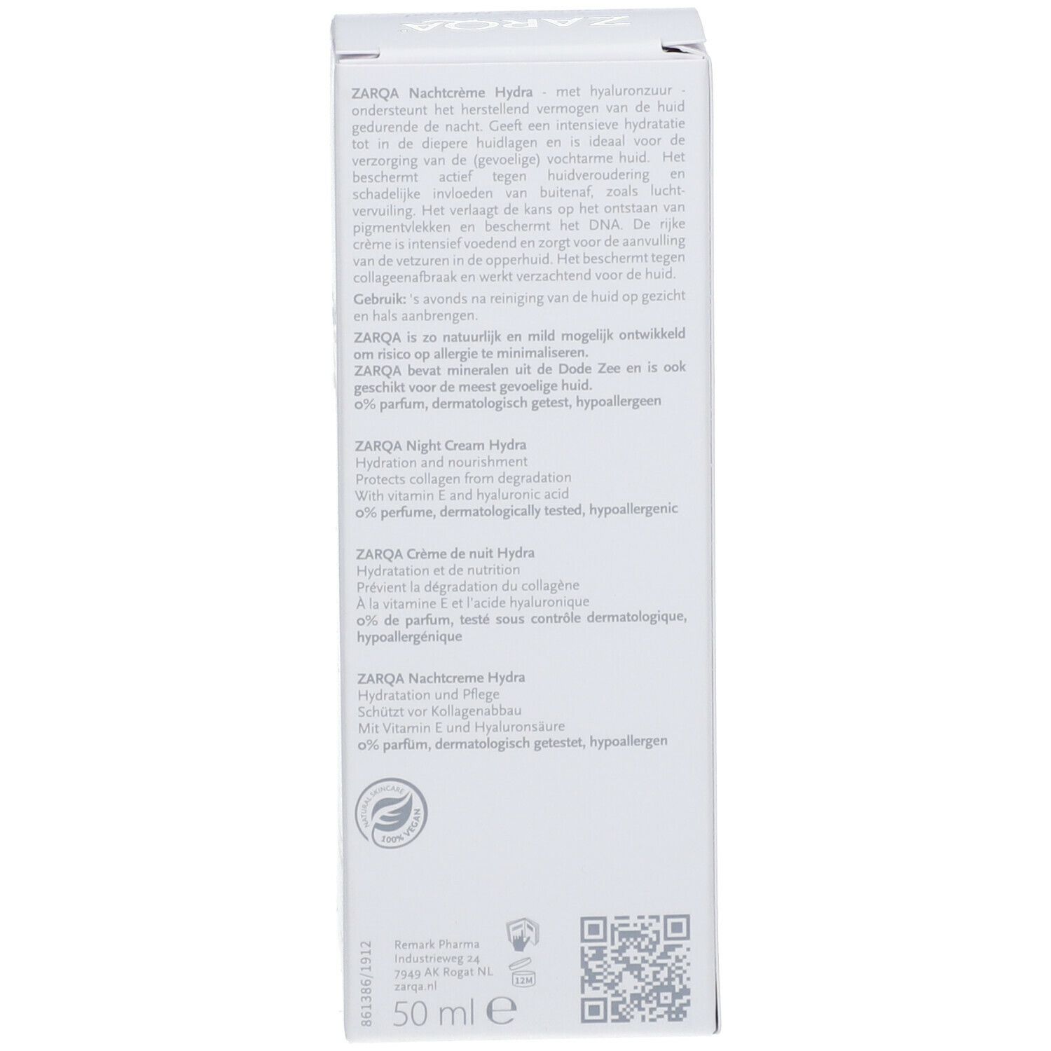 Dos de la boîte ZARQA Sensitive Nachtcrème Hydra. Texte multilingue. 50 ml. Label Vegan.