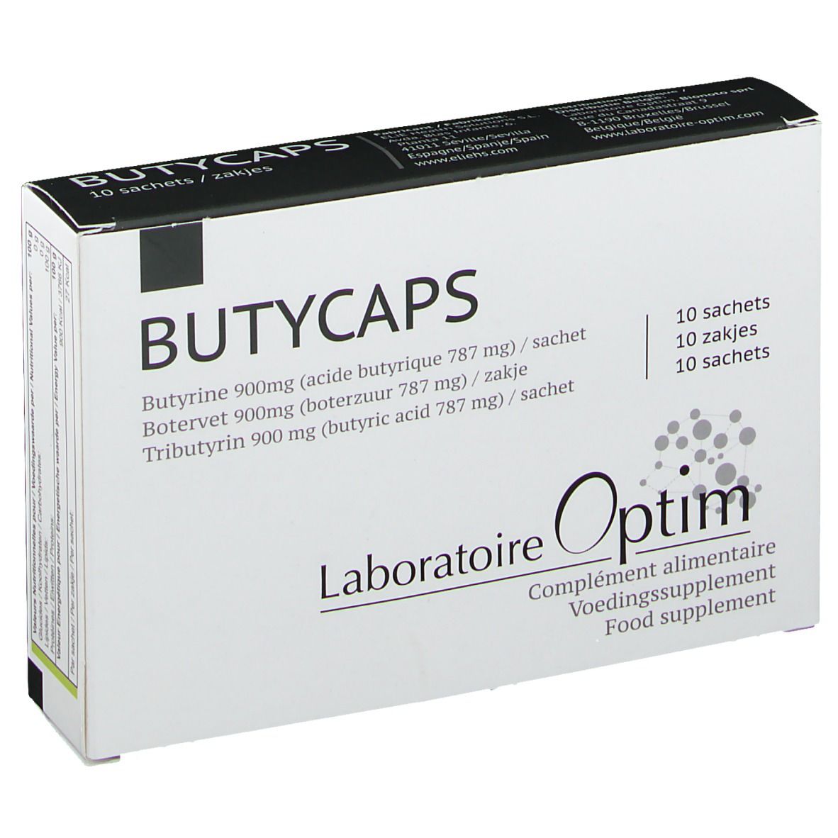 Doos met "BUTYCAPS"-opdruk. "Optim" logo en tekst. Bevat 10 sachets. Productinformatie op de verpakking.