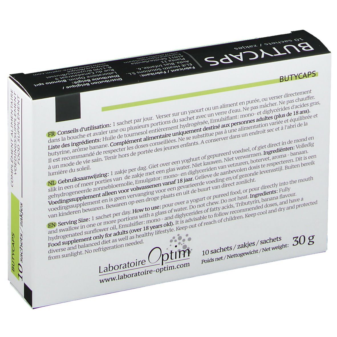 Achterkant van de "BUTYCAPS" doos. Meertalige tekst. Bevat 10 sachets. Nettogewicht 30g.