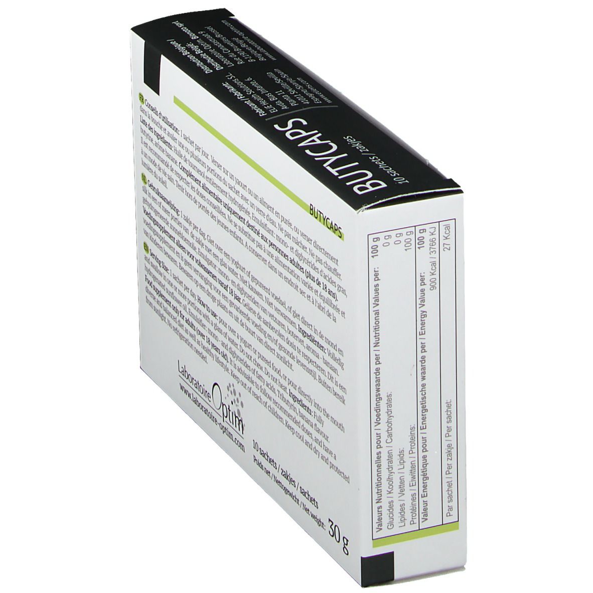Doos met "BUTYCAPS"-opdruk. Tekst en voedingswaarde. Bevat 10 sachets. Nettogewicht 30g.