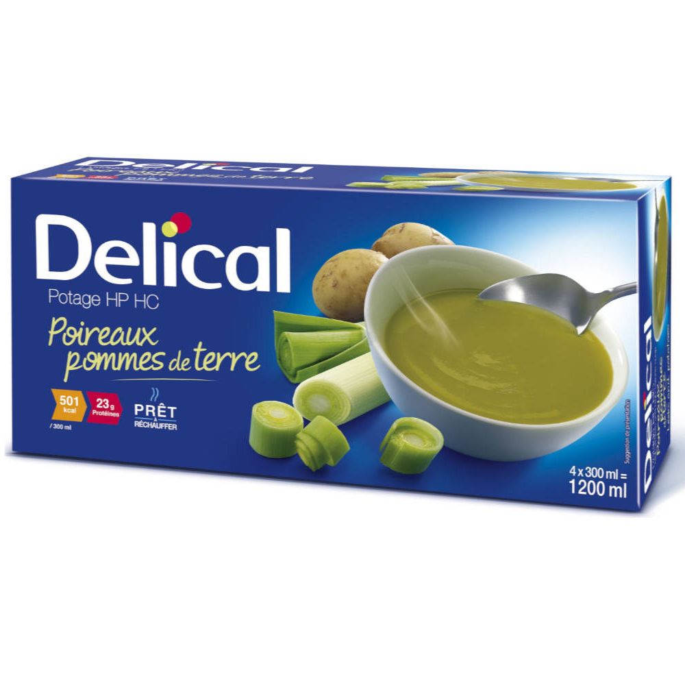 Boîte bleue Delical. Inscription: Potage HP HC, Poireaux pommes de terre. Contient 4x300ml.