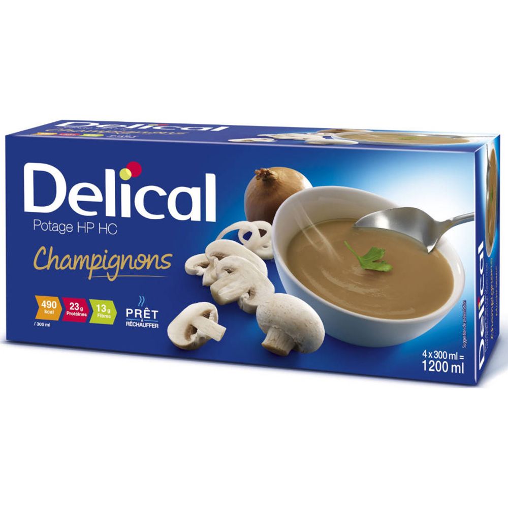 Boîte bleue Delical Soep HP-HC Champignons. Image de soupe, champignons et bol avec cuillère. Contient 4x300ml.