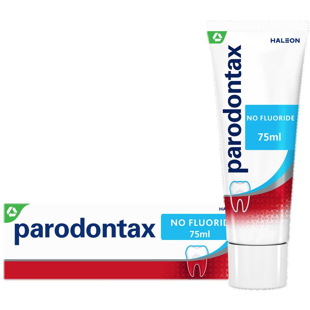 Zahnpasta-Tube und Schachtel. Marke: parodontax. Aufdruck: No Fluoride. Weiß, rot, blau. 75ml.