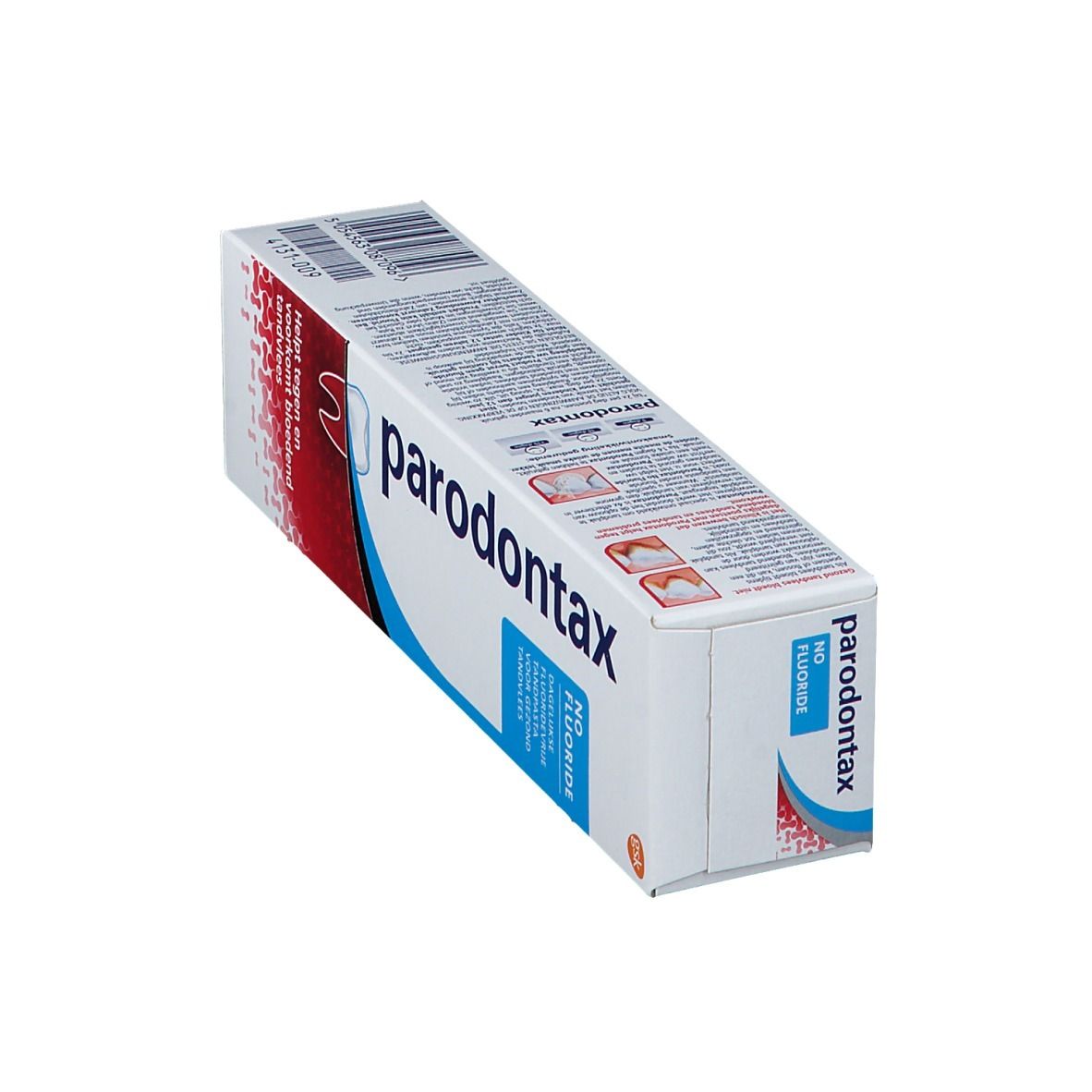 Zahnpasta-Schachtel. Marke: parodontax. Aufdruck: No Fluoride. Weiß, rot, blau. Text: Hilft gegen Zahnfleischbluten.