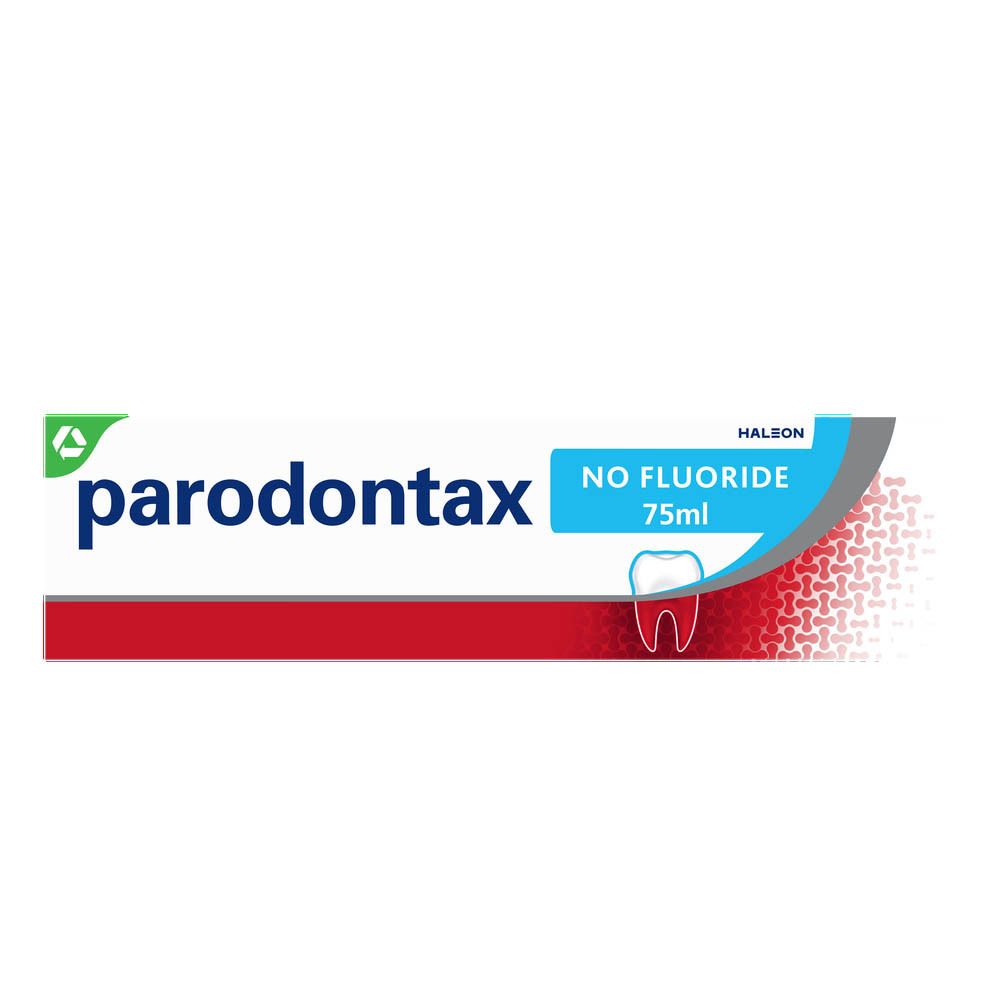 Zahnpasta-Tube und Schachtel. Marke: parodontax. Aufdruck: No Fluoride. Weiß, rot, blau. 75ml.