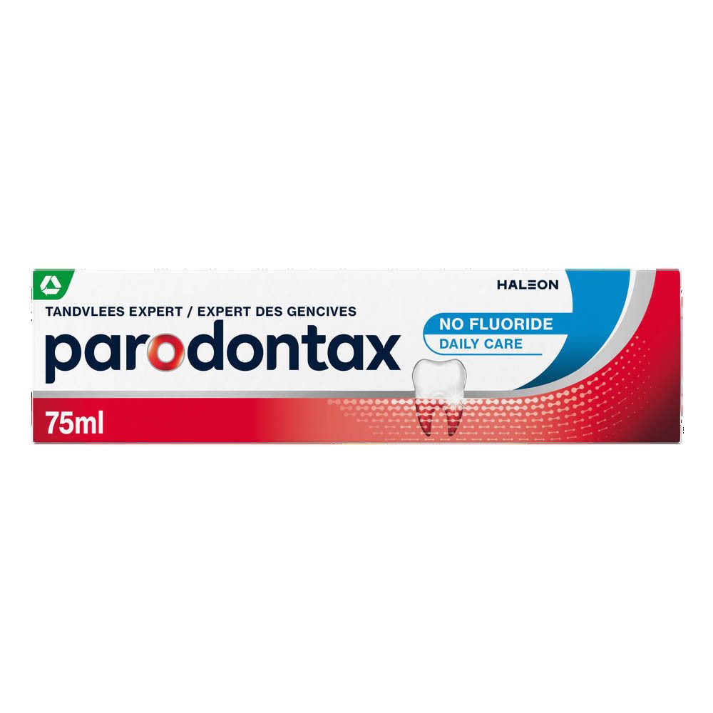 Tube de dentifrice. Blanc, rouge, bleu. Inscription : parodontax, No Fluoride, 75ml. Logo vert.