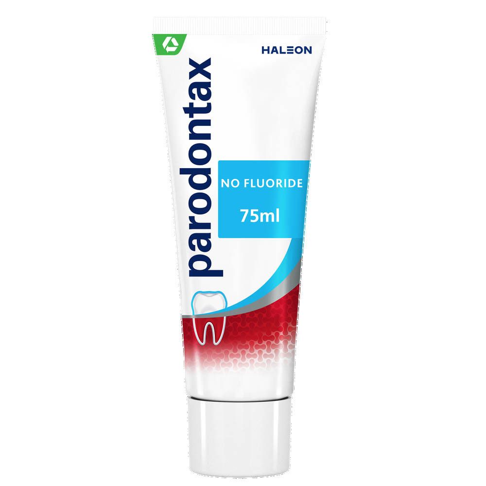 Zahnpasta-Tube. Marke: parodontax. Aufdruck: No Fluoride. Weiß, rot, blau. 75ml.