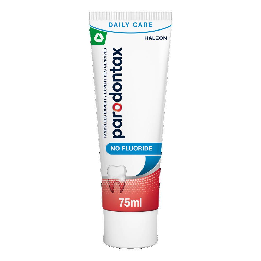 Tube de dentifrice. Blanc, rouge, bleu. Inscription : parodontax, No Fluoride, 75ml. Logo vert.