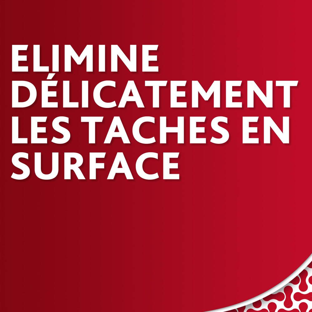 Fond rouge avec texte blanc : Élimine délicatement les taches en surface.