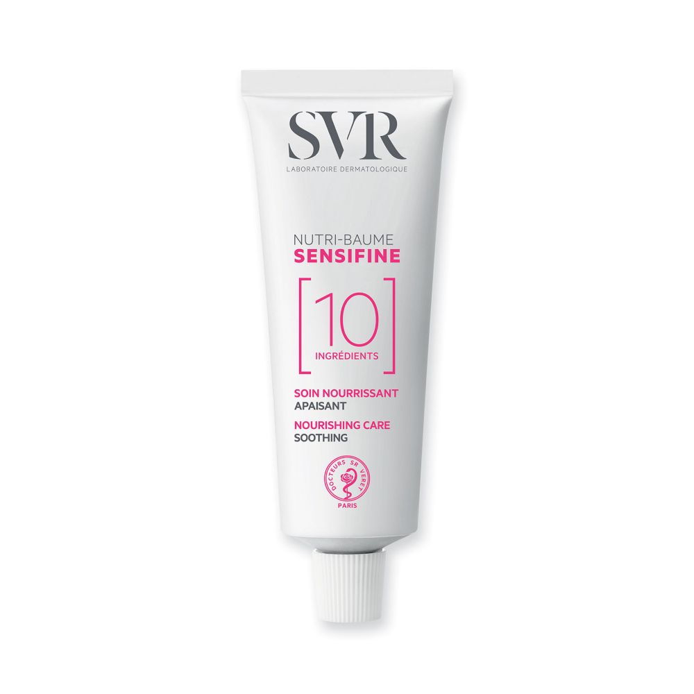 Achterkant van de tube SVR SENSIFINE NUTRI-BAUME. Meertalige tekst. 40ml.