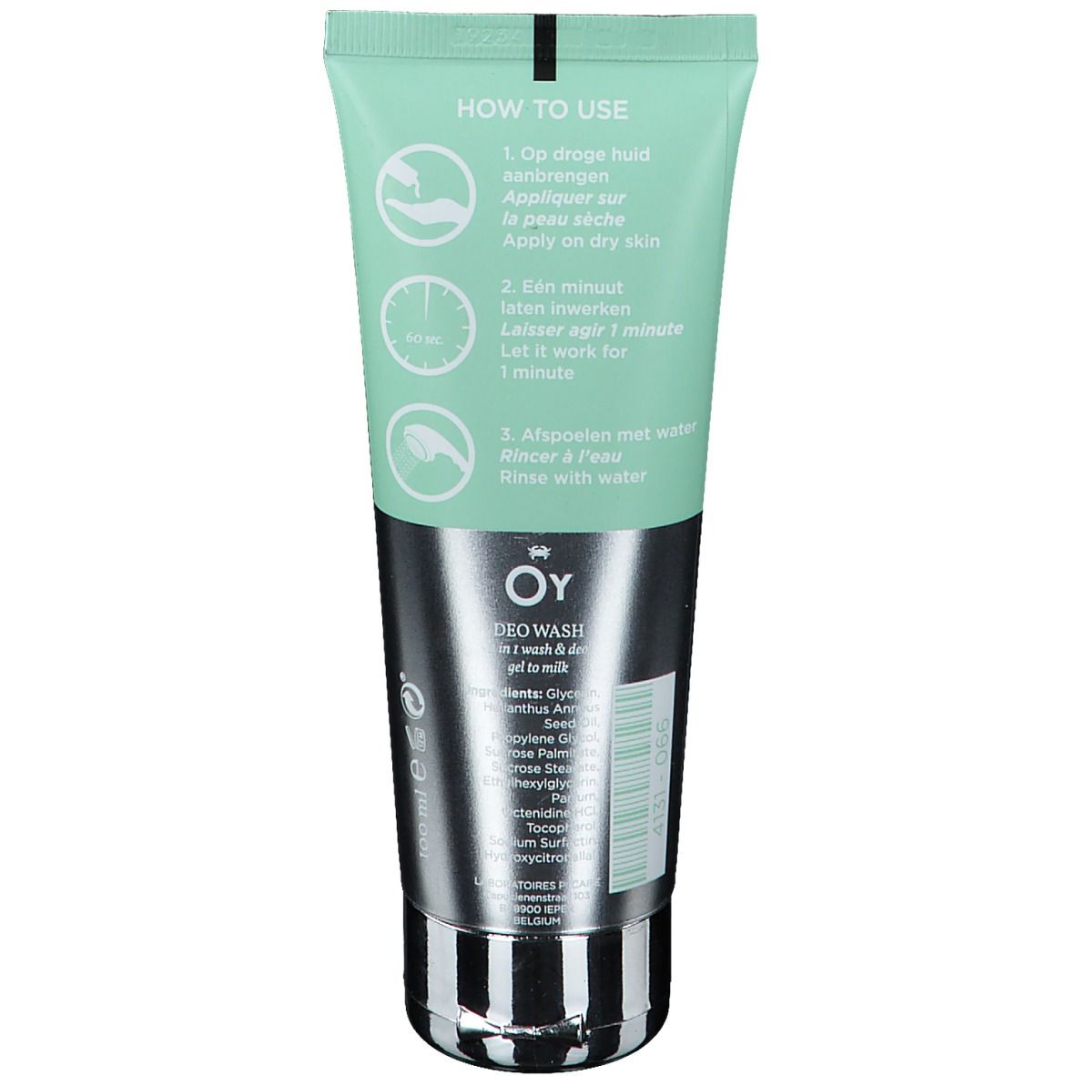 Dos du tube vert. Instructions: Appliquer, laisser agir 1 minute, rincer à l'eau. Logo OY et informations produit.