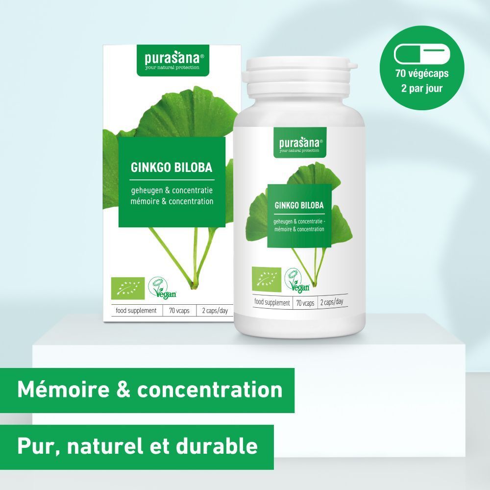 Emballage produit avec flacon et boîte. Inscription : Ginkgo Biloba, logo, vegan, certification bio.
