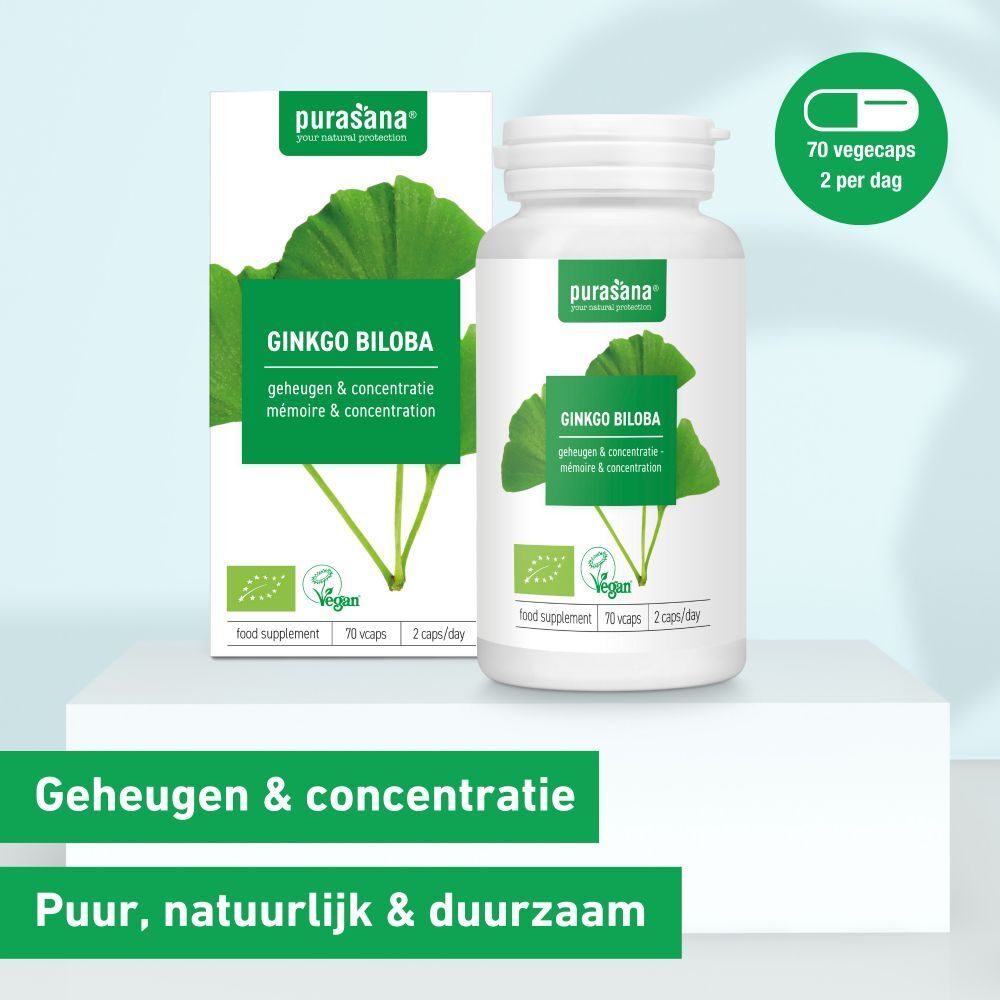 Productverpakking met fles en doos. Opschrift: Ginkgo Biloba, logo, vegan, bio-certificering.