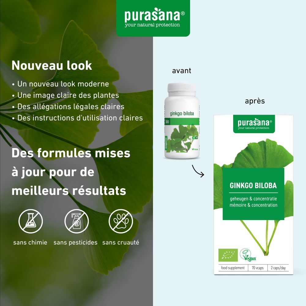 Comparaison ancien et nouvel emballage. Flacon et boîte Ginkgo Biloba. Texte : sans chimie, sans pesticides, sans cruauté.