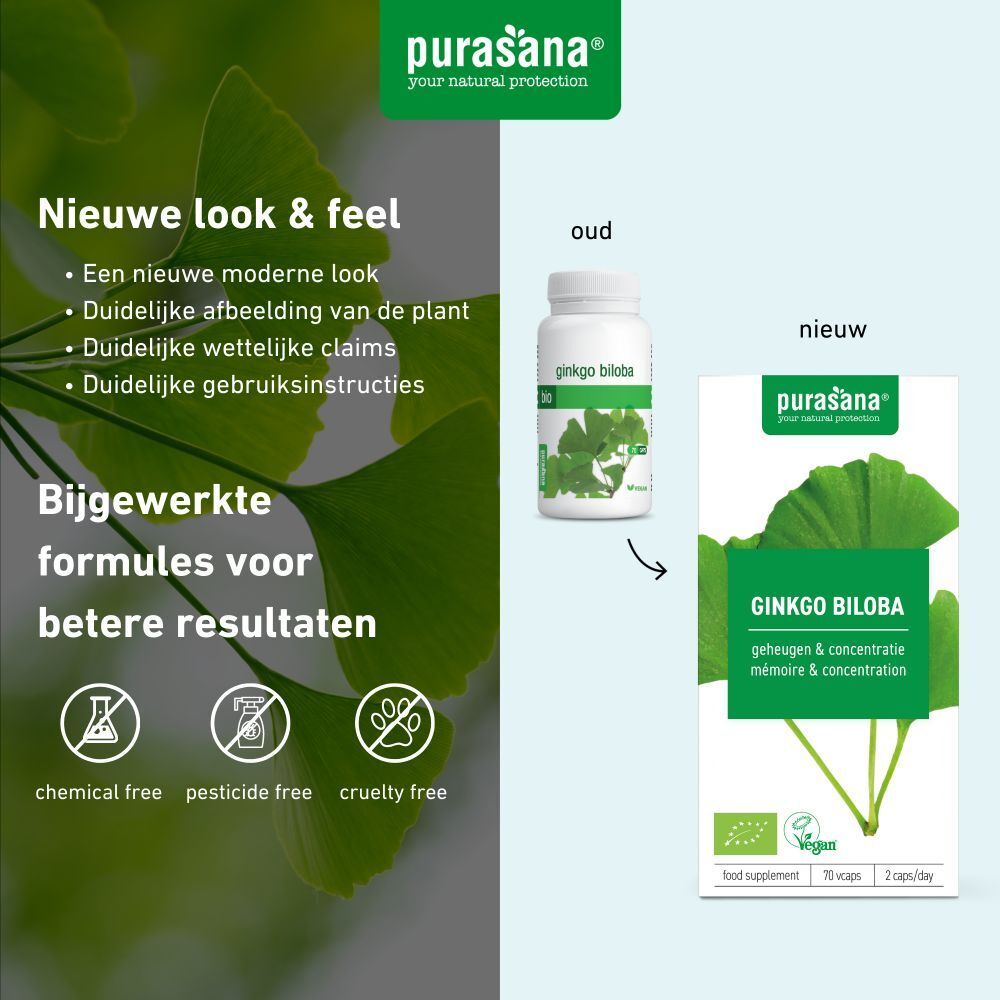 Vergelijking oude en nieuwe verpakking. Fles en doos Ginkgo Biloba. Tekst: chemical free, pesticide free, cruelty free.