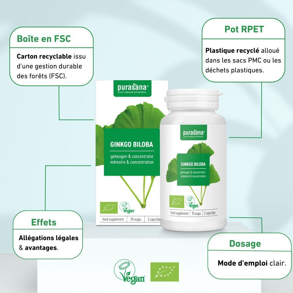 Emballage produit avec flacon et boîte. Texte : Boîte en FSC, Pot RPET, Effets, Dosage. Labels vegan et bio.