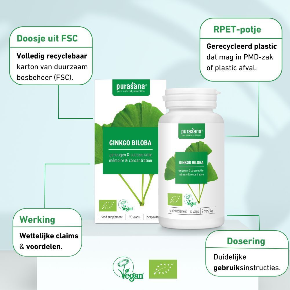 Productverpakking met fles en doos. Tekst: Doosje uit FSC, RPET-potje, Werking, Dosering. Vegan- en bio-keurmerk.
