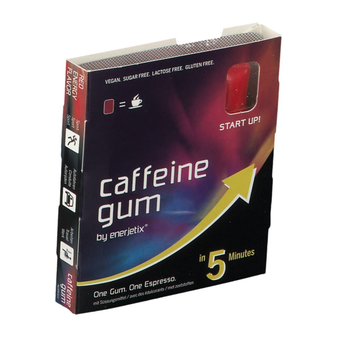 Doosje kauwgom. Opschrift: Caffeine Gum by Enerjetix. Rode kauwgom zichtbaar. Vegan, suikervrij, lactosevrij, glutenvrij.