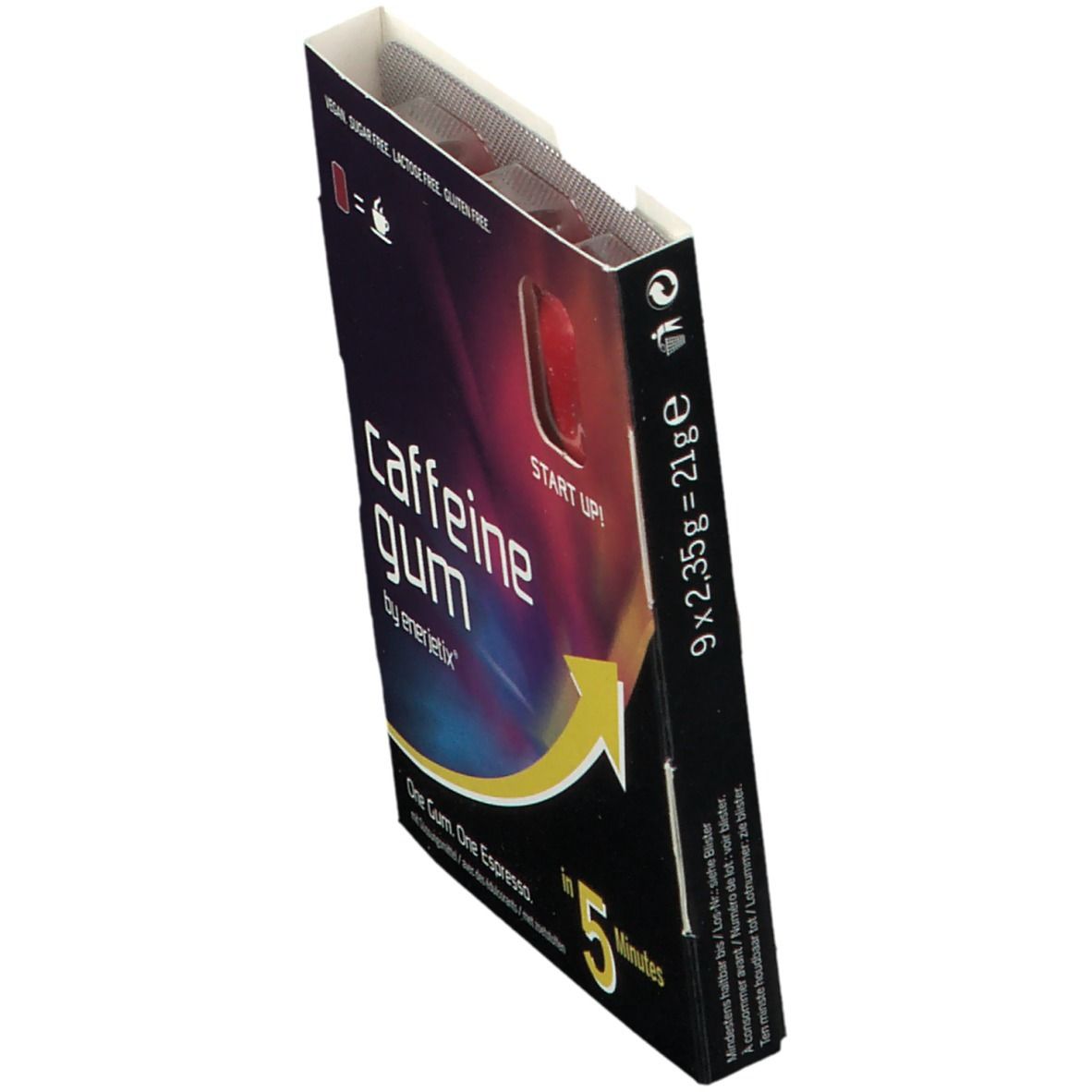 Doosje kauwgom. Opschrift: Caffeine Gum by Enerjetix. Rode kauwgom zichtbaar. 9 x 2,35g. Vegan, suikervrij, lactosevrij, glutenvrij.