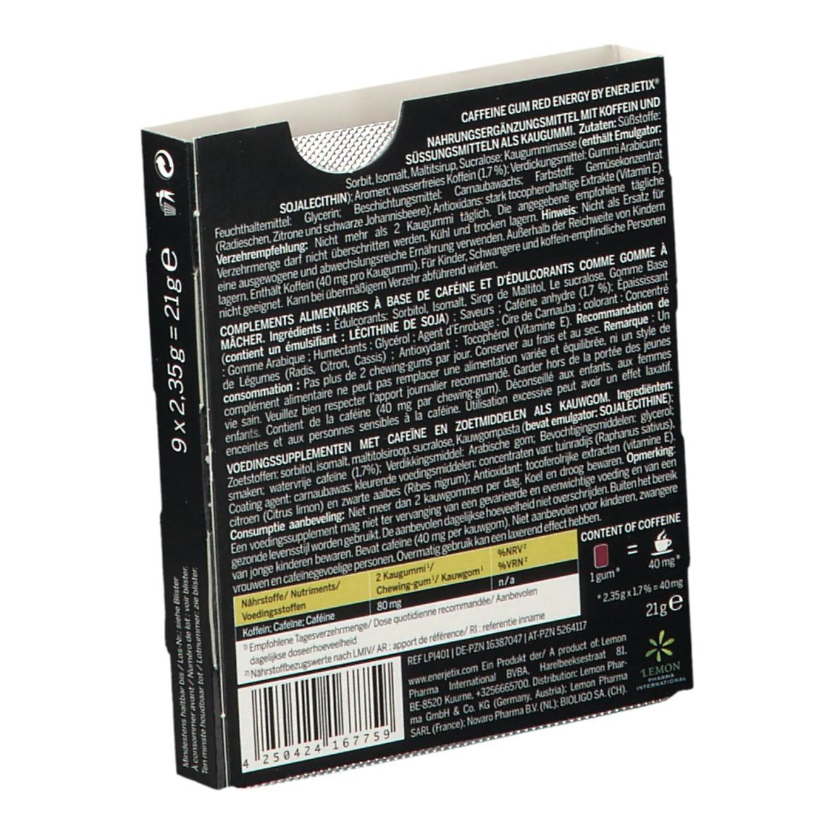 Achterkant van de kauwgomdoos. Ingrediëntenlijst en voedingswaarde-informatie. Opschrift: Caffeine Gum Red Energy Flavor by Enerjetix.