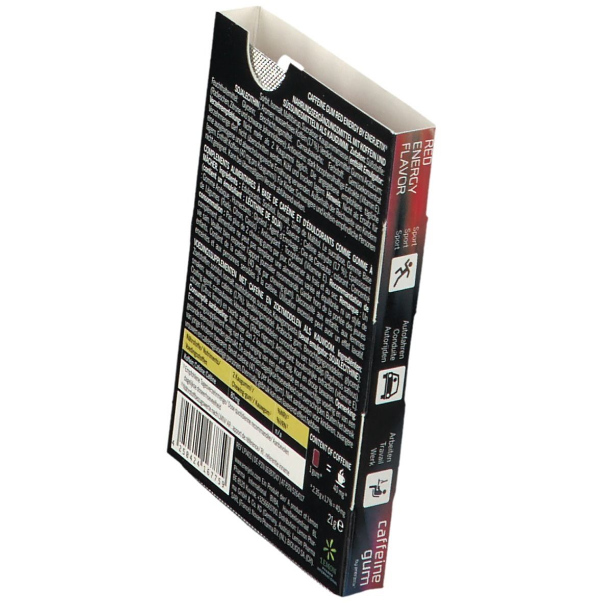 Achterkant van de kauwgomdoos. Tekst met ingrediënten en waarschuwingen. Opschrift: Caffeine Gum Red Energy Flavor.