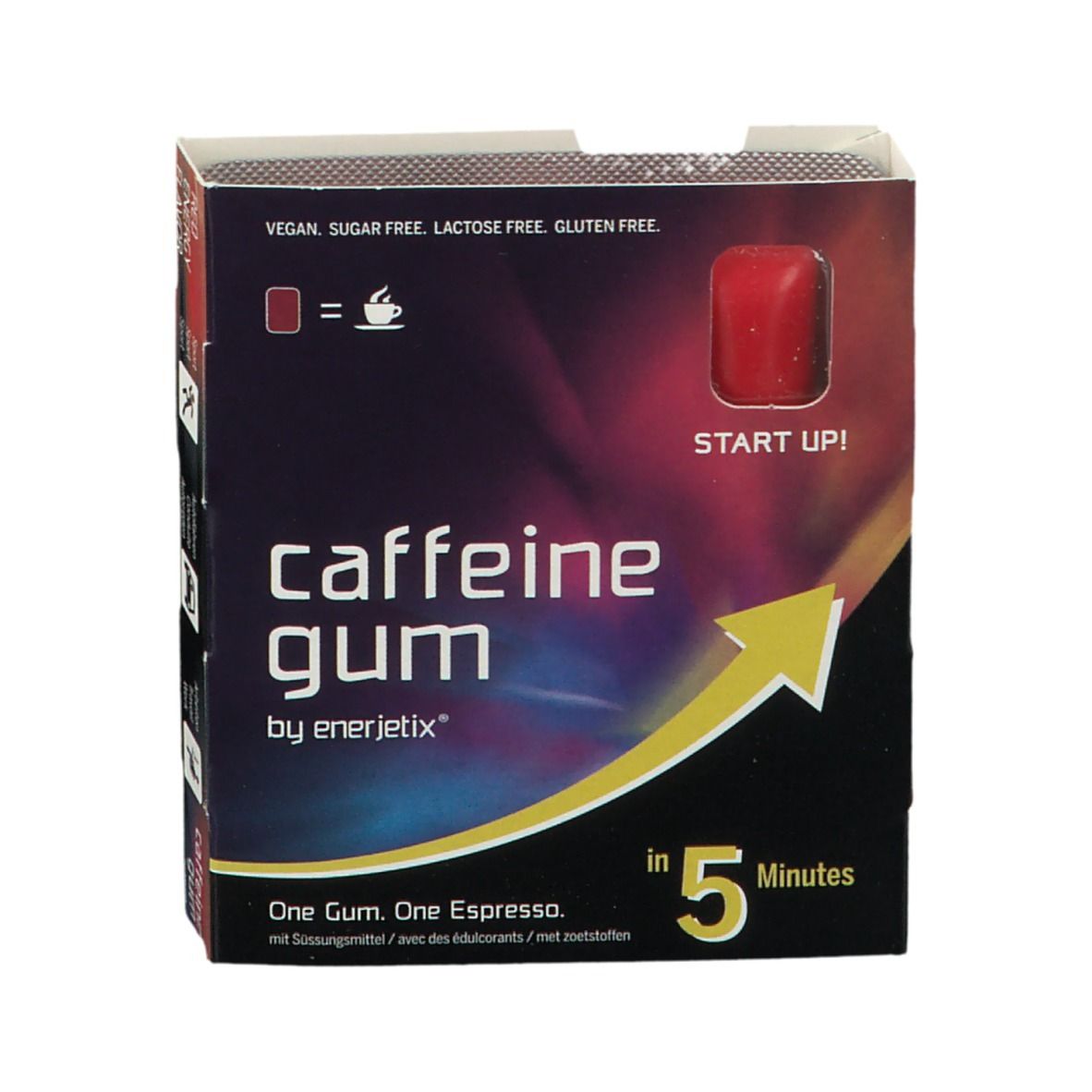 Doosje kauwgom. Opschrift: Caffeine Gum by Enerjetix. Rode kauwgom zichtbaar. Vegan, suikervrij, lactosevrij, glutenvrij.